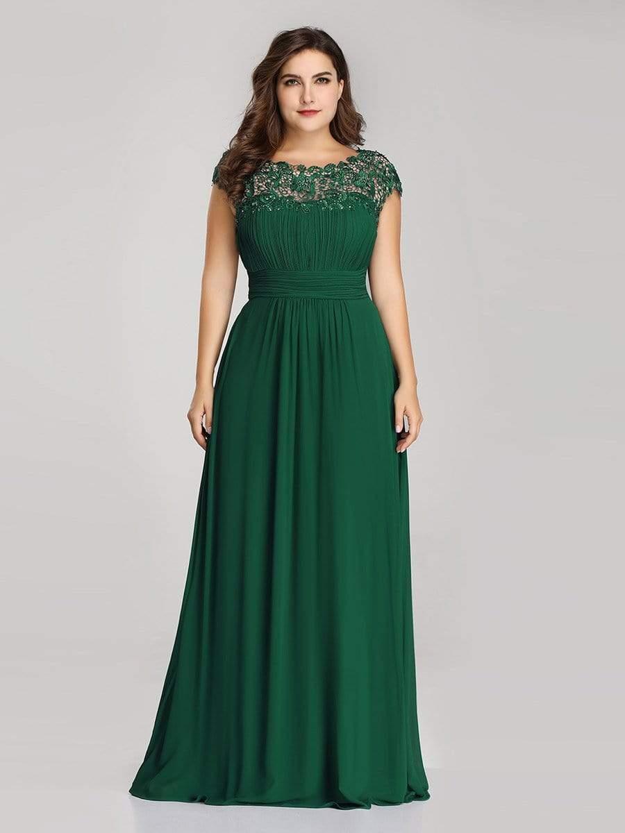 Plus Size Elegant Maxi Long Lace Cap Sleeve Bridesmaid Dress #color_Dark Green