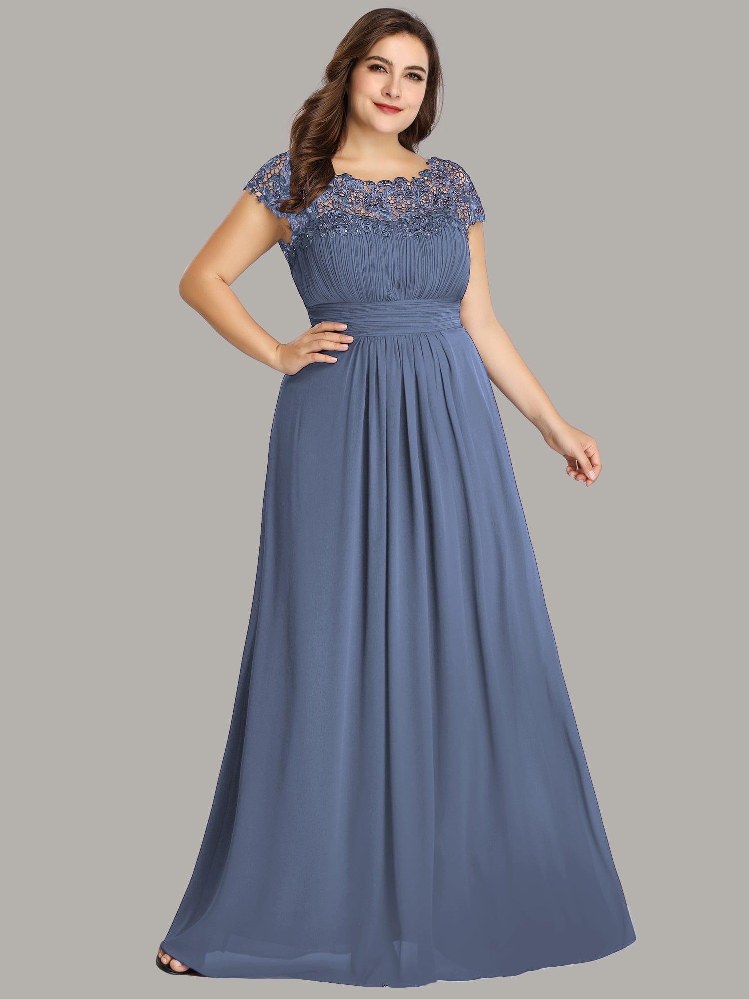 Maxi Lace Cap Sleeve Long Formal Evening Dress #color_Dusty Blue