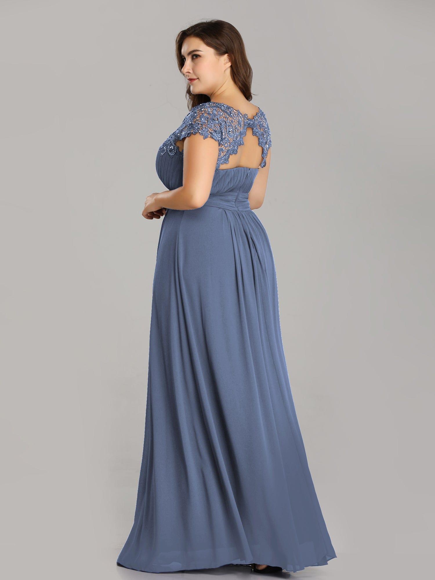Maxi Lace Cap Sleeve Long Formal Evening Dress #color_Dusty Blue