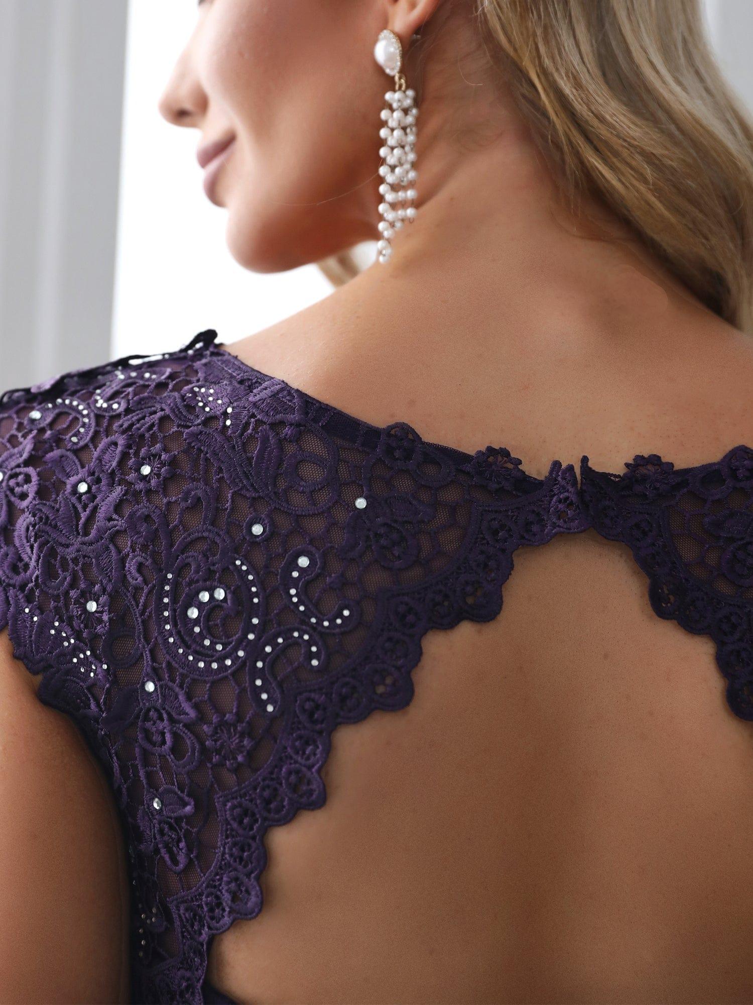 Maxi Lace Cap Sleeve Long Formal Evening Dress #color_Dark Purple