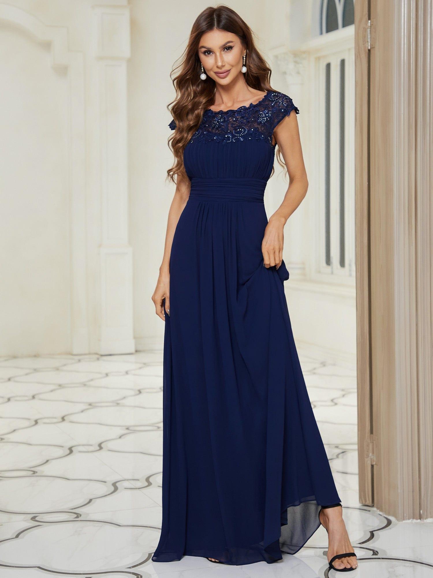 Maxi Lace Cap Sleeve Long Formal Evening Dress #color_Navy Blue