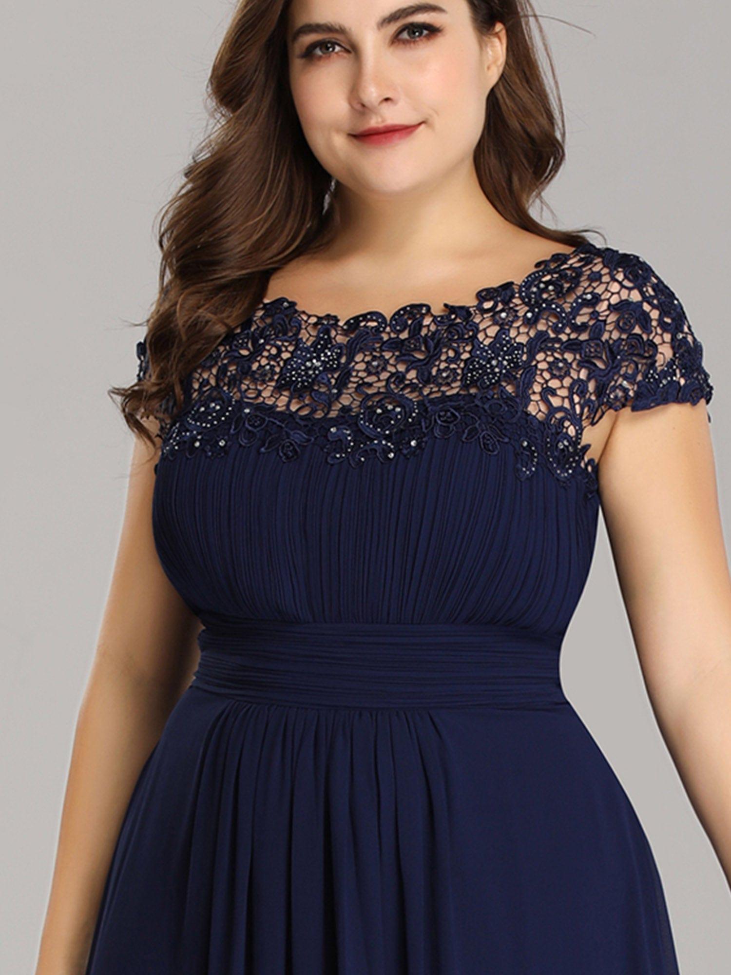 Maxi Lace Cap Sleeve Long Formal Evening Dress #color_Navy Blue