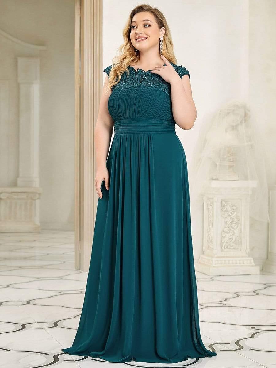 Plus Size Elegant Maxi Long Lace Cap Sleeve Bridesmaid Dress #color_Teal