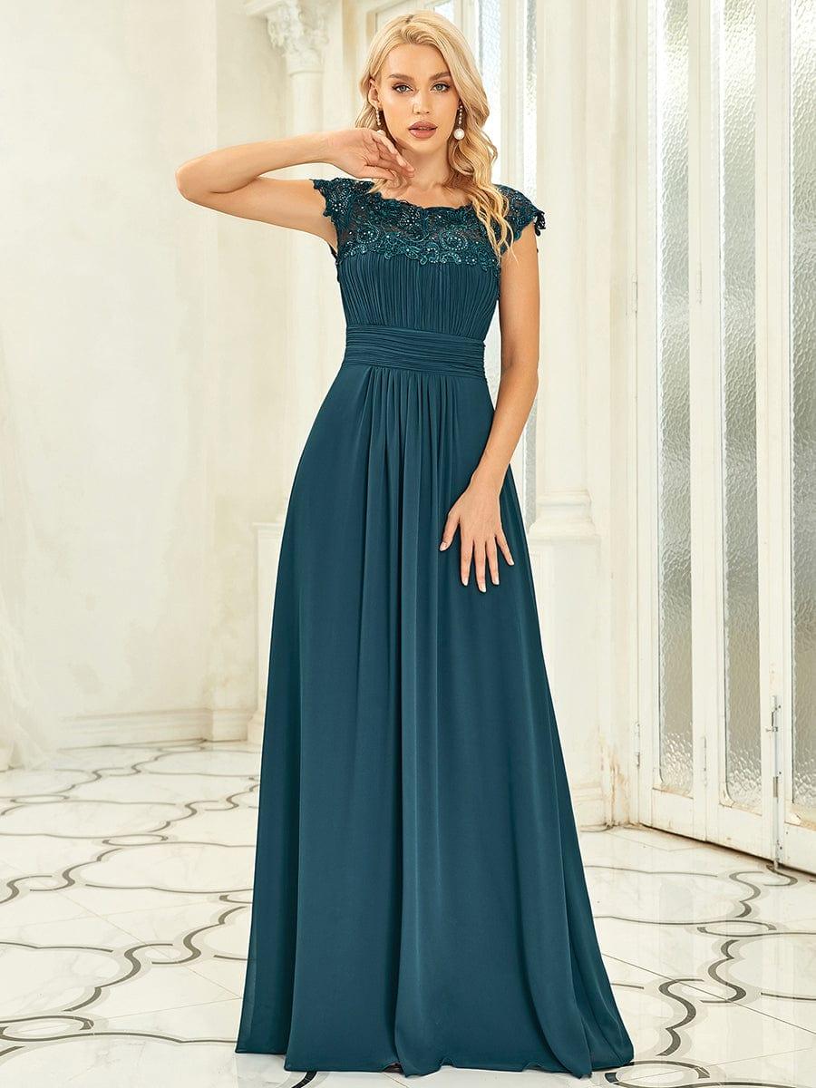 Maxi Lace Cap Sleeve Long Formal Evening Dress #color_Teal