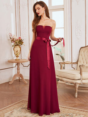 Color=Burgundy | Romantic Strapless Knotted Waistband Long Bridesmaid Dress -Burgundy 9