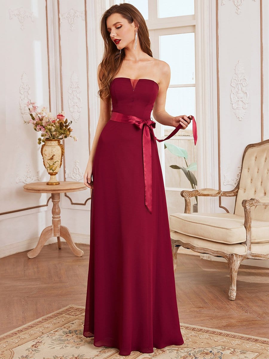 Color=Burgundy | Romantic Strapless Knotted Waistband Long Bridesmaid Dress -Burgundy 9