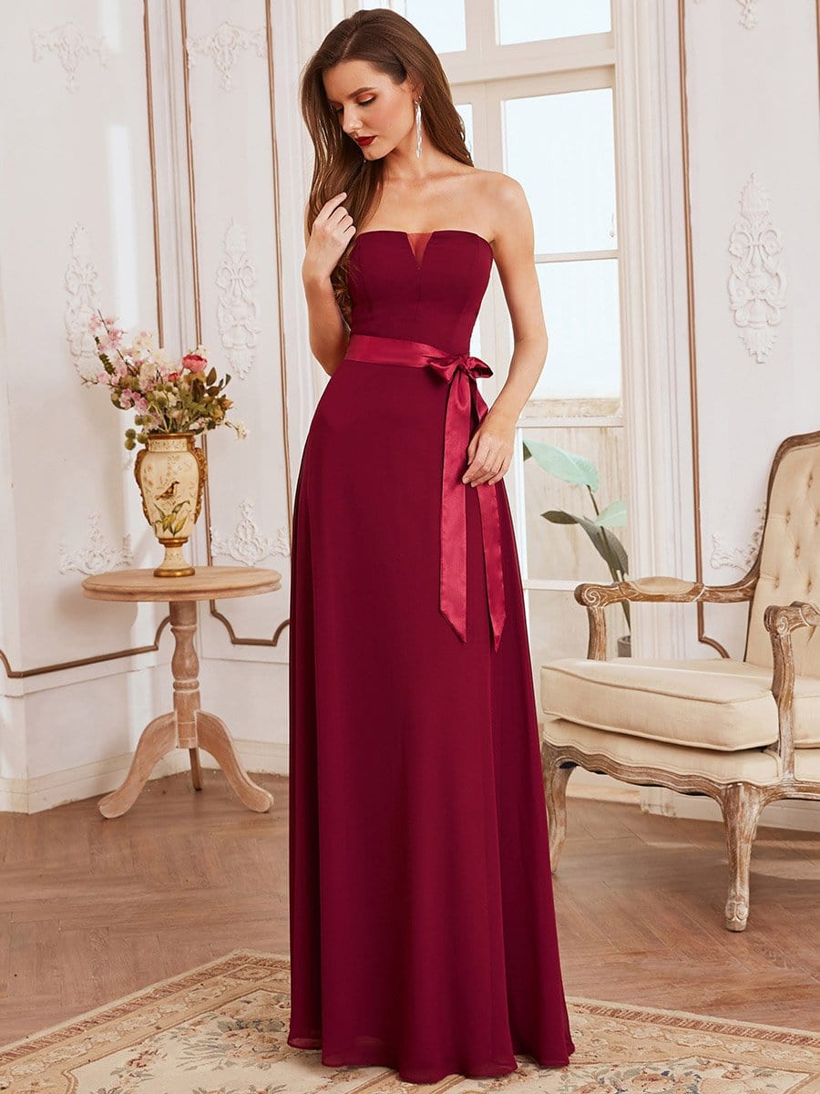 Color=Burgundy | Romantic Strapless Knotted Waistband Long Bridesmaid Dress -Burgundy 6 Color=Burgundy | Romantic Strapless Knotted Waistband Long Bridesmaid Dress -Burgundy 6