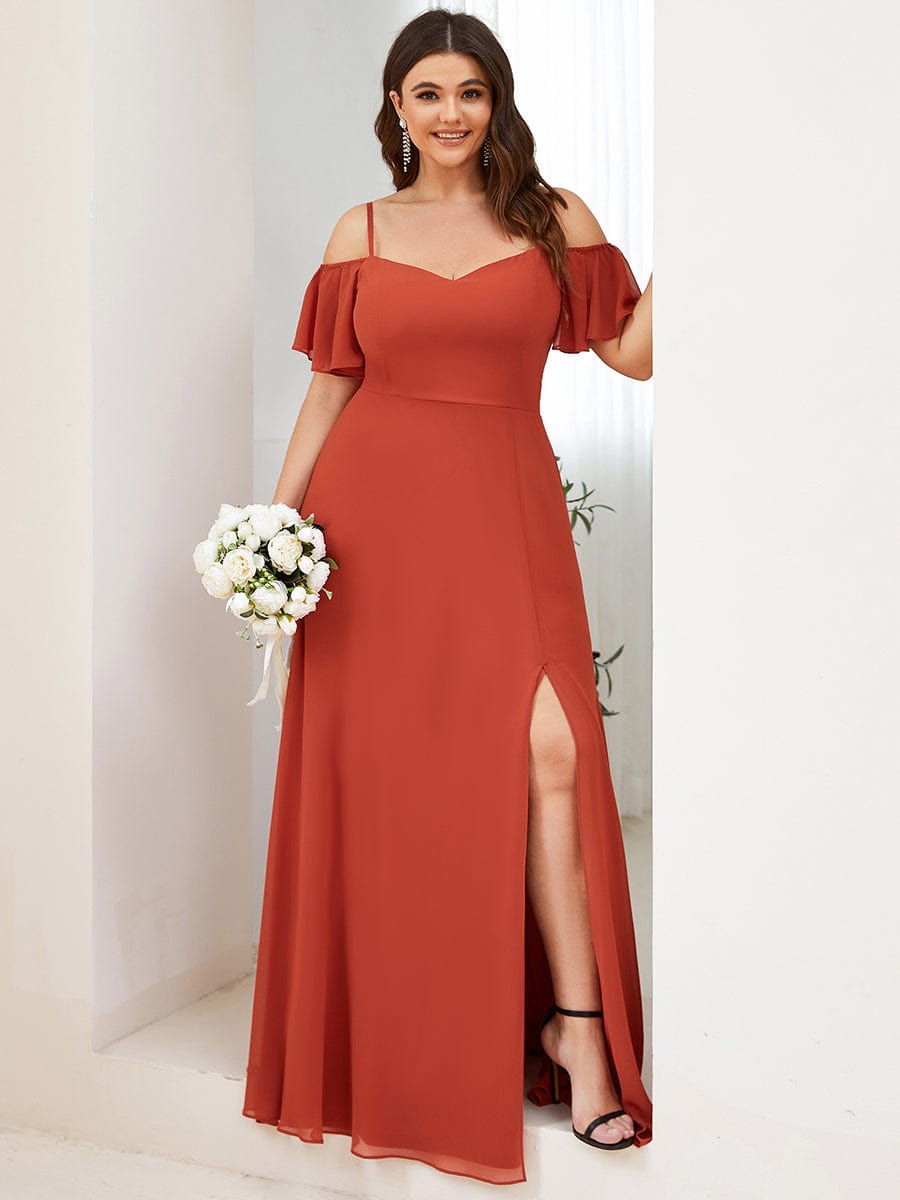 Custom Size Cold Shoulder Formal Bridesmaid Dress with Side Slit #color_Burnt Orange