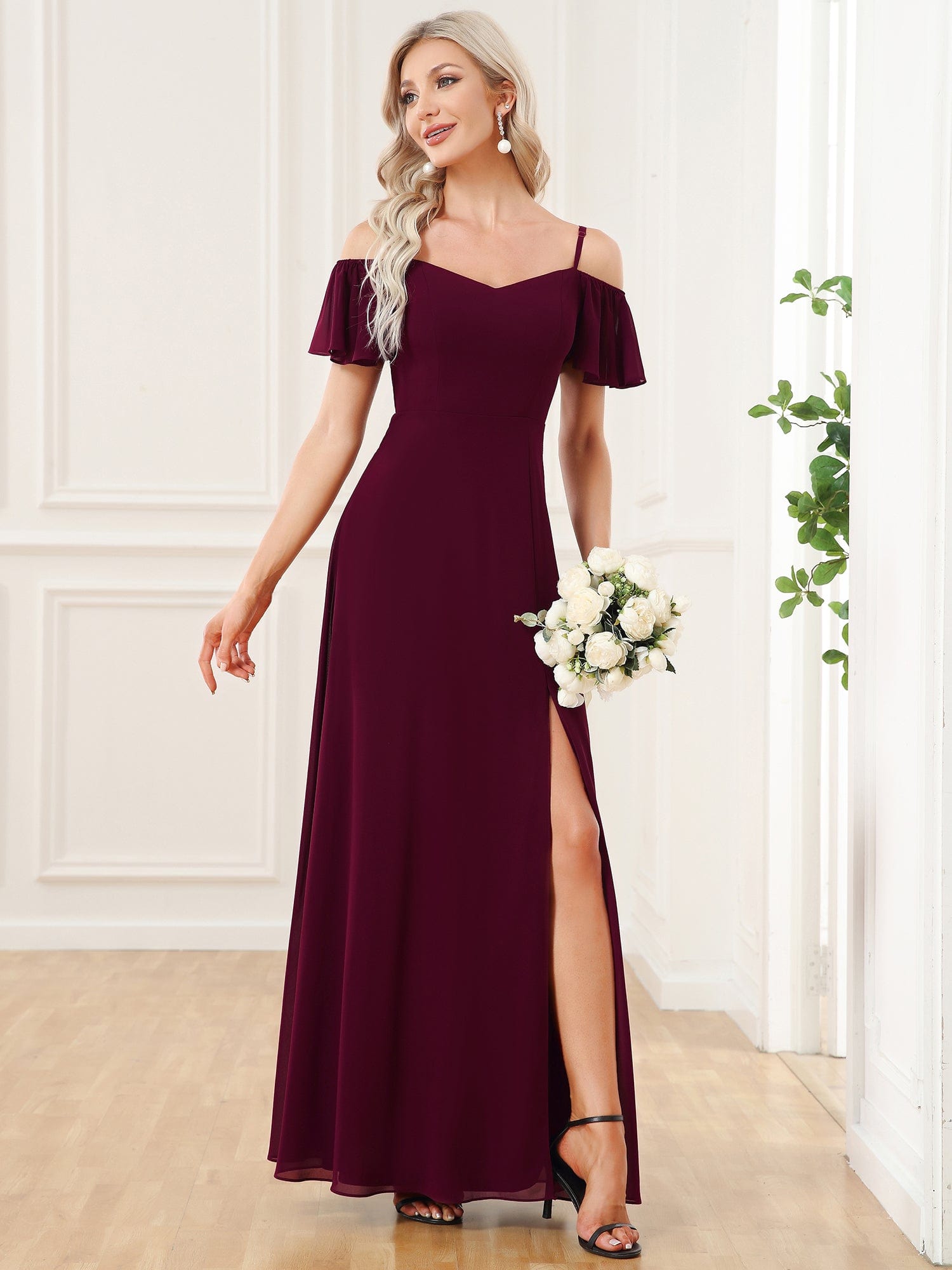 Custom Size Cold Shoulder Formal Bridesmaid Dress with Side Slit