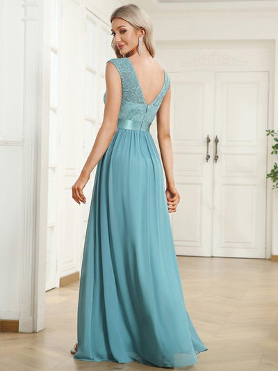 Classic Round Neck Backless Lace Bodice Bridesmaid Dress #color_Light Teal