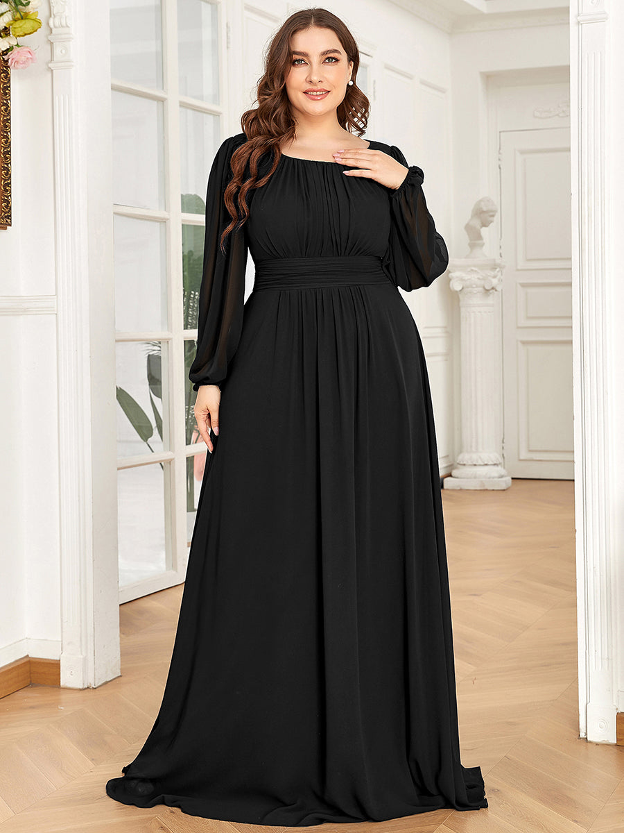 See-Througth Puff Sleeve Chiffon Plus Size Bridesmaid Dress #color_Black