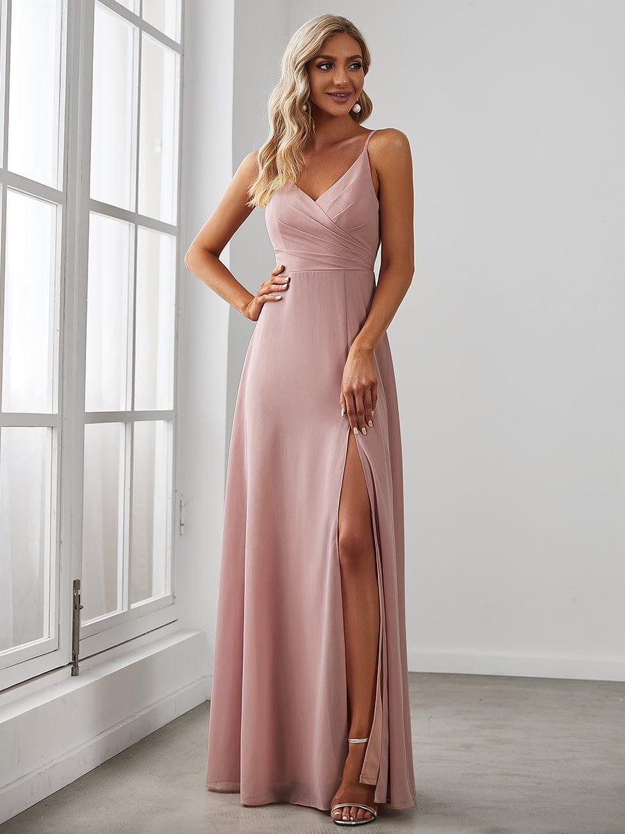 Pleated V-Neck Spaghetti Strap High Slit Bridesmaid Dress #color_Dusty Rose