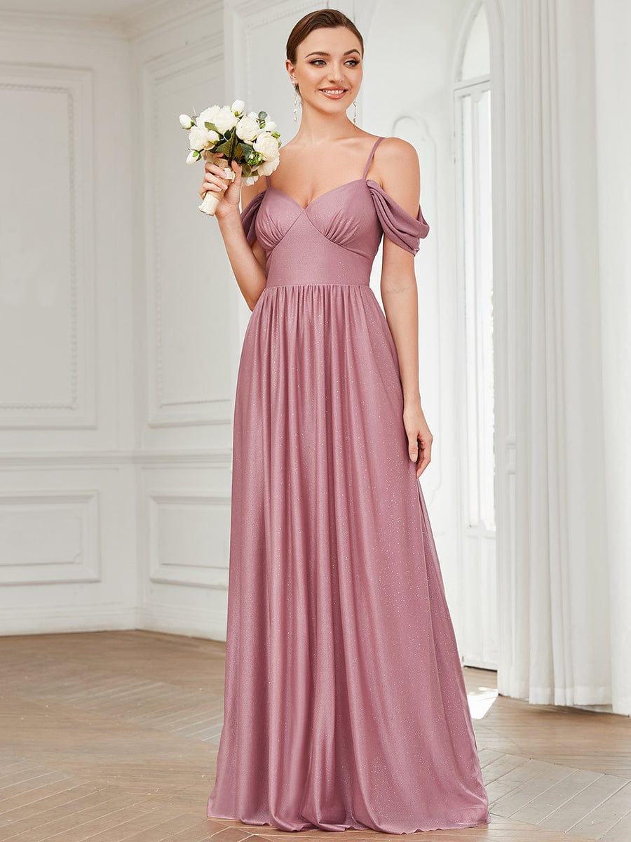 Draped Sleeve Cold Shoulder Sweetheart Bridesmaid Dress #Color_Purple Orchid Draped Sleeve Cold Shoulder Sweetheart Bridesmaid Dress