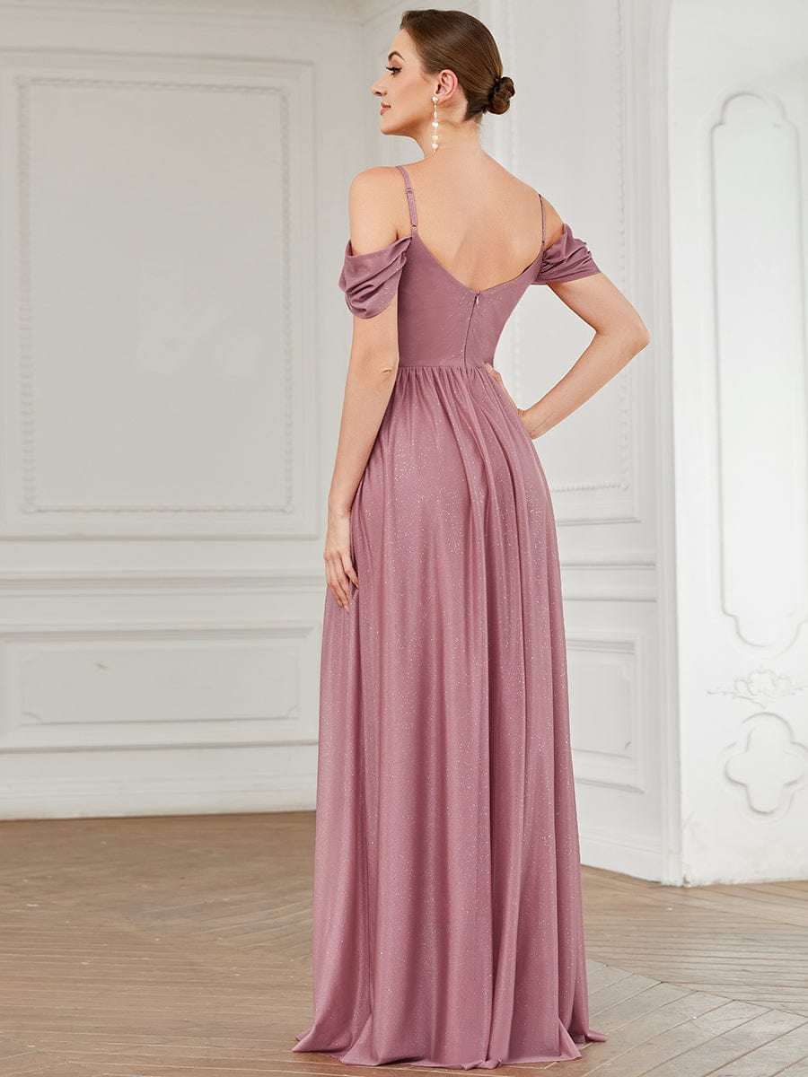 Draped Sleeve Cold Shoulder Sweetheart Bridesmaid Dress #Color_Purple Orchid Draped Sleeve Cold Shoulder Sweetheart Bridesmaid Dress