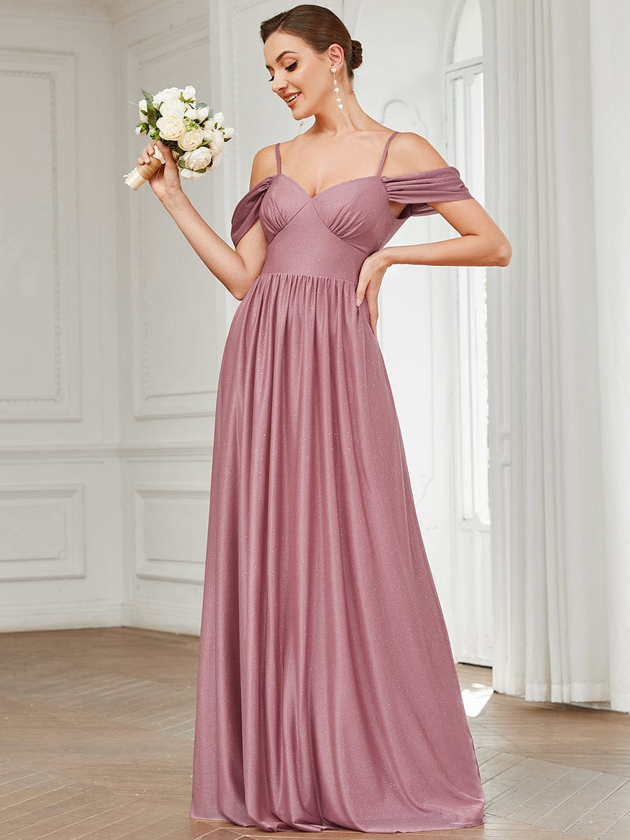 Draped Sleeve Cold Shoulder Sweetheart Bridesmaid Dress #Color_Purple Orchid Draped Sleeve Cold Shoulder Sweetheart Bridesmaid Dress