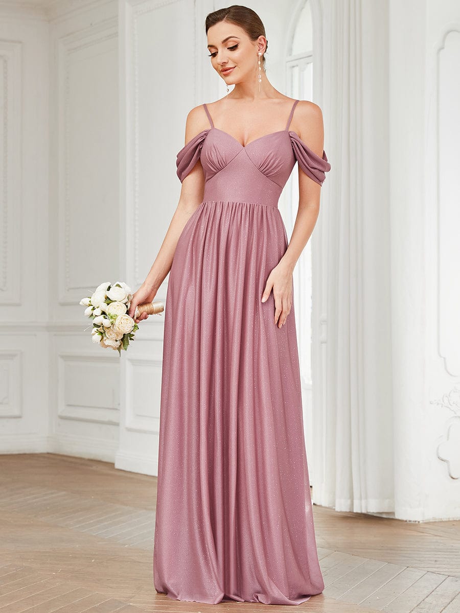 Draped Sleeve Cold Shoulder Sweetheart Bridesmaid Dress #Color_Purple Orchid Draped Sleeve Cold Shoulder Sweetheart Bridesmaid Dress