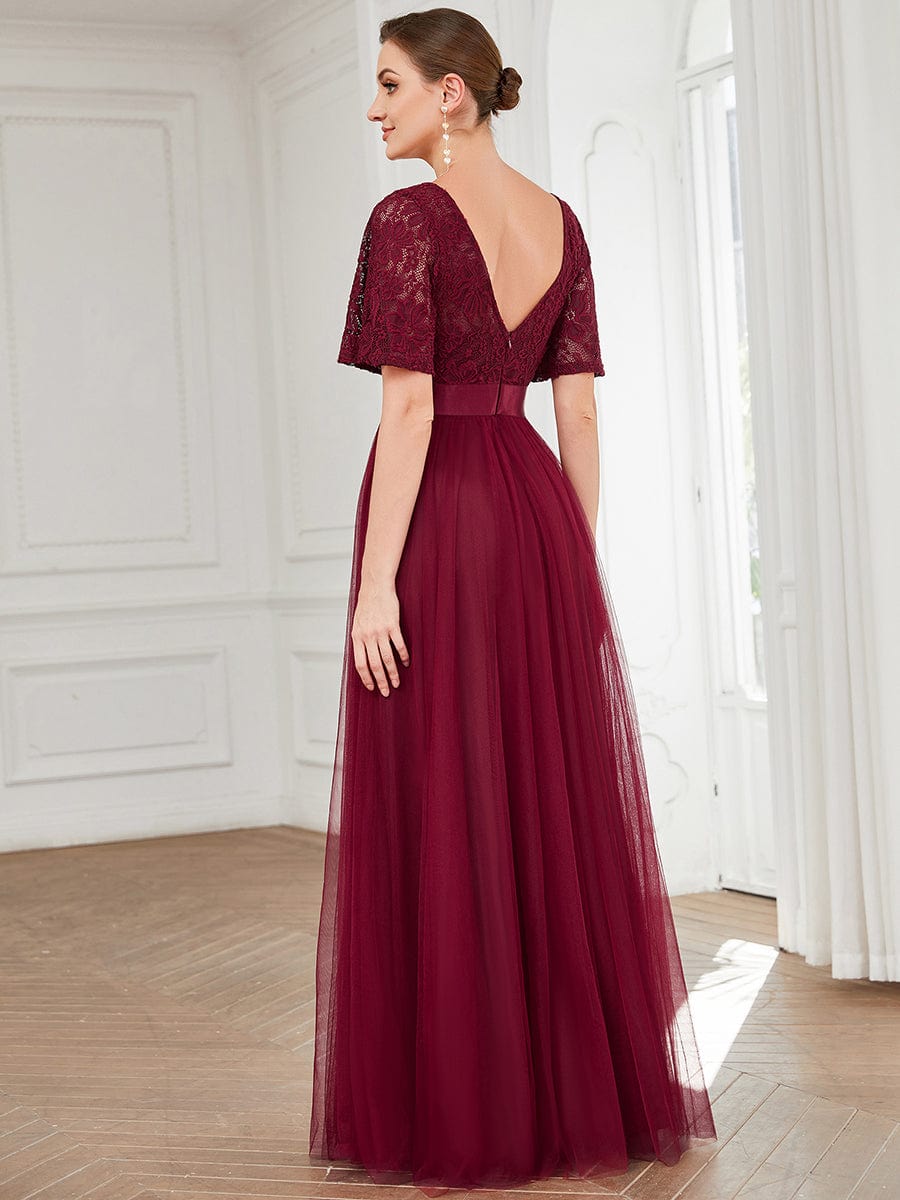Short Sleeve Backless Ribbon Waist A-Line Tulle Bridesmaid Dress #color_Burgundy Short Sleeve Backless Ribbon Waist A-Line Tulle Bridesmaid Dress