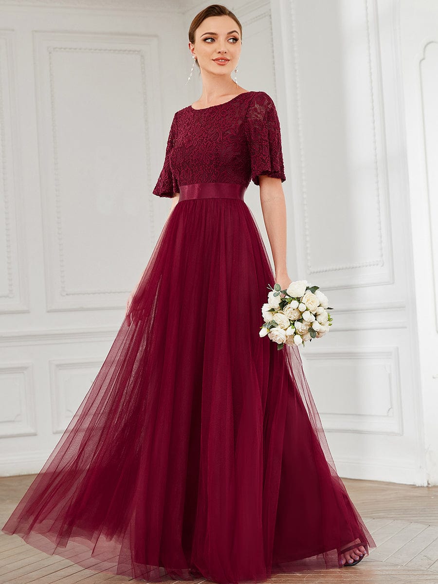 Short Sleeve Backless Ribbon Waist A-Line Tulle Bridesmaid Dress #color_Burgundy Short Sleeve Backless Ribbon Waist A-Line Tulle Bridesmaid Dress
