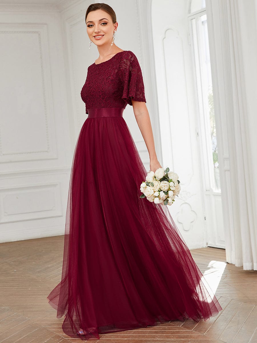 Short Sleeve Backless Ribbon Waist A-Line Tulle Bridesmaid Dress #color_Burgundy Short Sleeve Backless Ribbon Waist A-Line Tulle Bridesmaid Dress