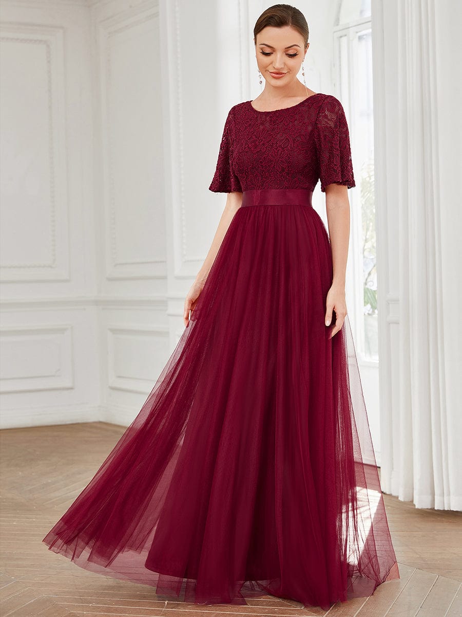 Short Sleeve Backless Ribbon Waist A-Line Tulle Bridesmaid Dress #color_Burgundy Short Sleeve Backless Ribbon Waist A-Line Tulle Bridesmaid Dress
