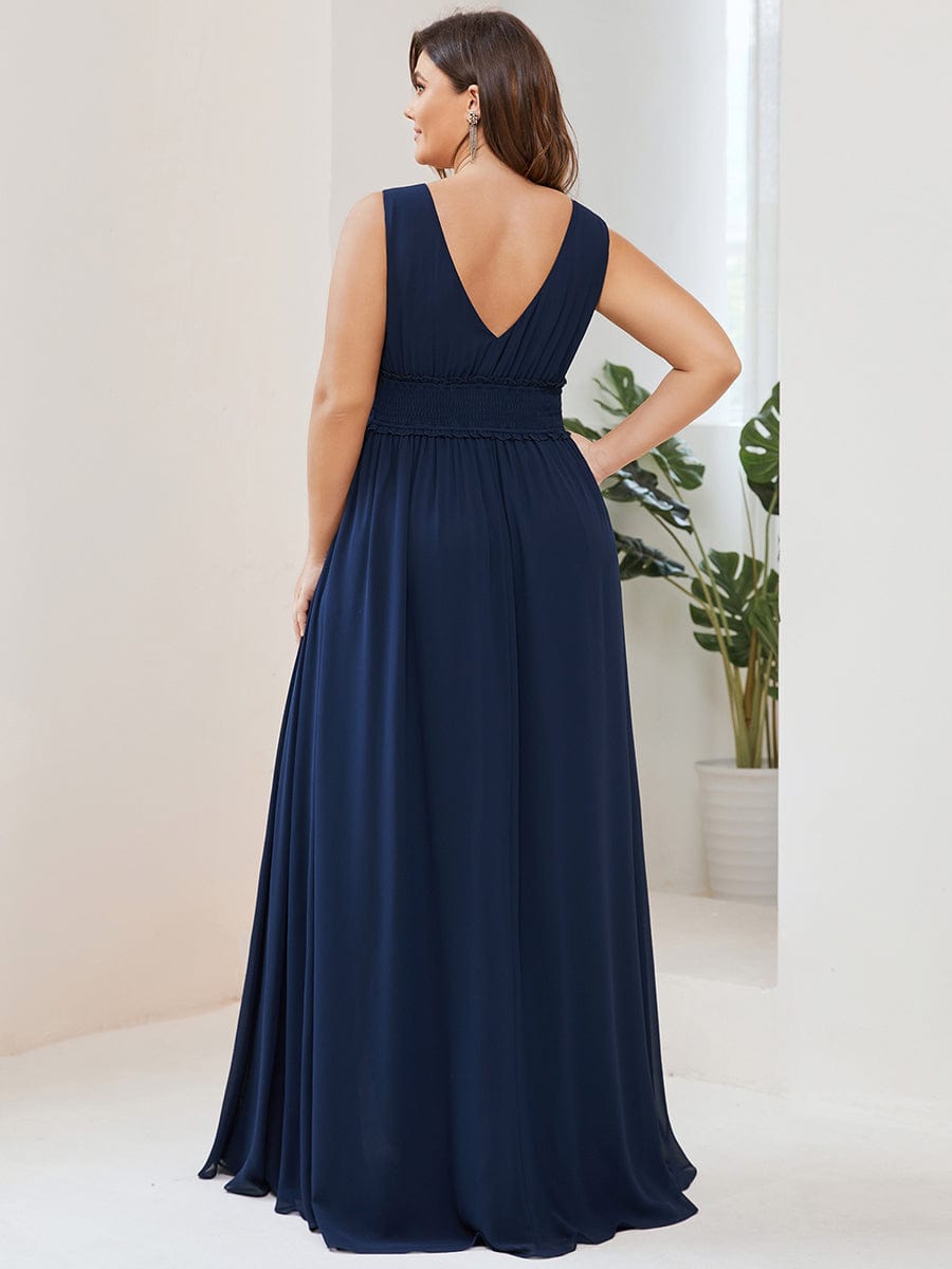 Plus Size V-Neck Sleeveless Pleated Chiffon Evening Dress #Color_Navy Blue