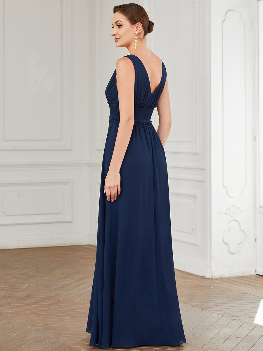 Pleated Chiffon V-Neck Sleeveless Front Slit Evening Dress #Color_Navy Blue