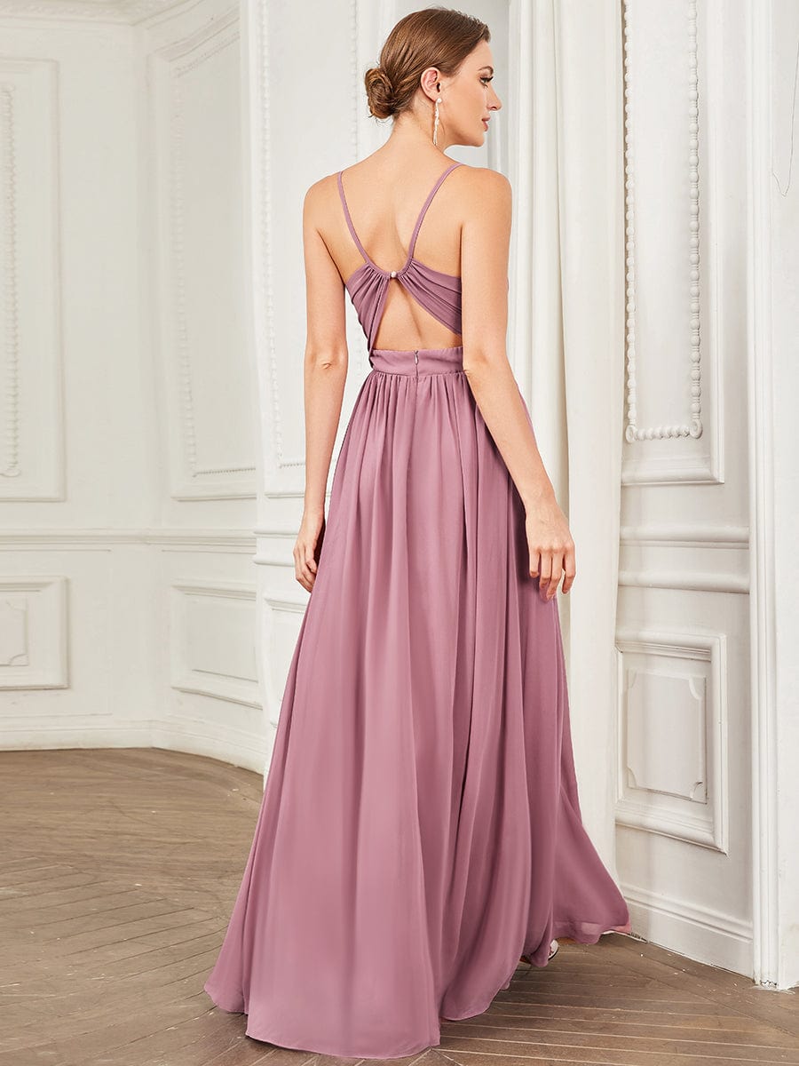 Chiffon Spaghetti Strap V-Neck Pleated A-Line Bridesmaid Dress #color_Purple Orchid Chiffon Spaghetti Strap V-Neck Pleated A-Line Bridesmaid Dress