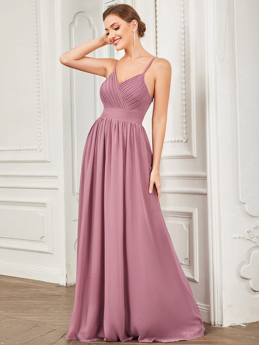 Chiffon Spaghetti Strap V-Neck Pleated A-Line Bridesmaid Dress #color_Purple Orchid Chiffon Spaghetti Strap V-Neck Pleated A-Line Bridesmaid Dress