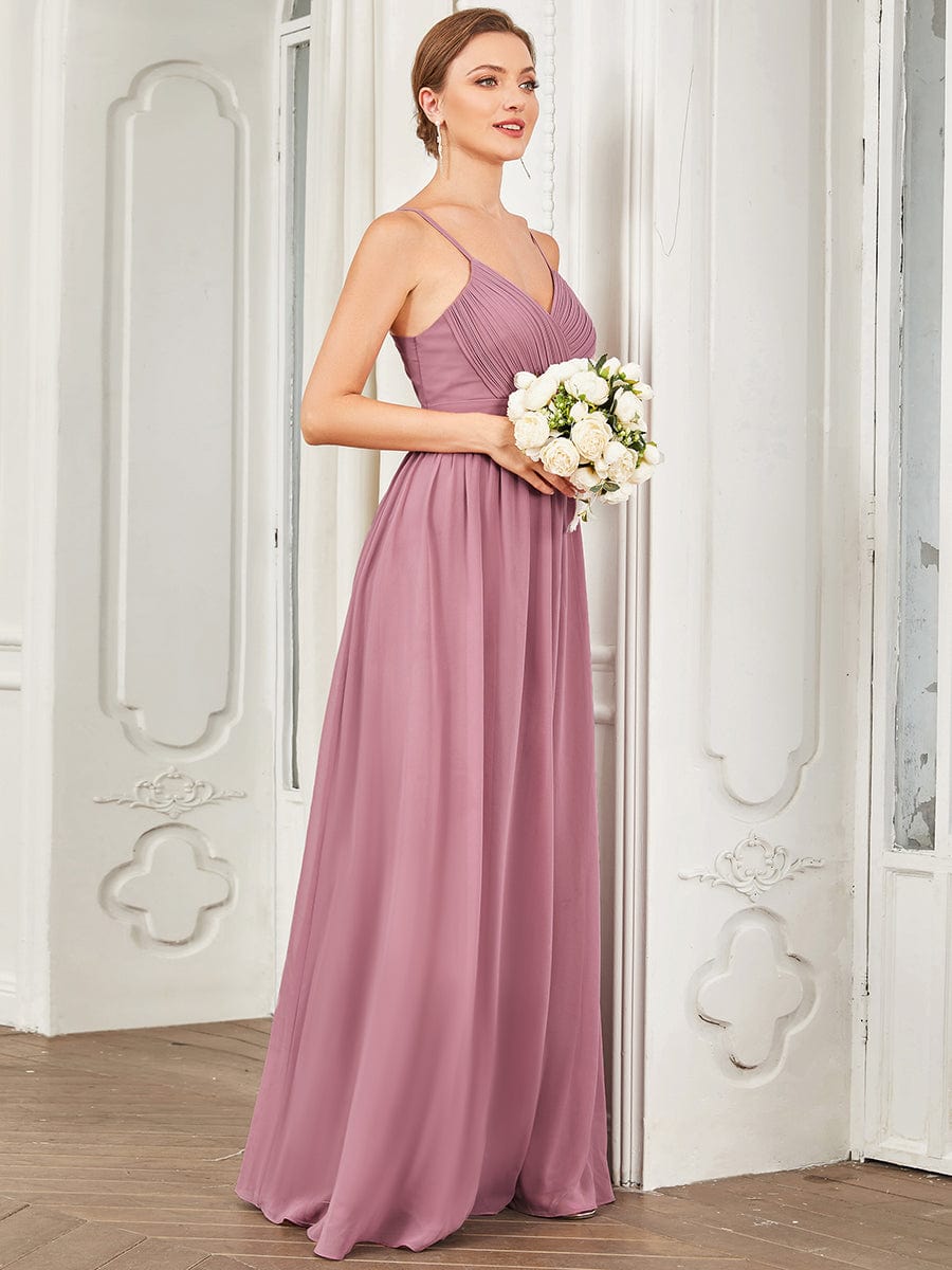 Chiffon Spaghetti Strap V-Neck Pleated A-Line Bridesmaid Dress #color_Purple Orchid Chiffon Spaghetti Strap V-Neck Pleated A-Line Bridesmaid Dress