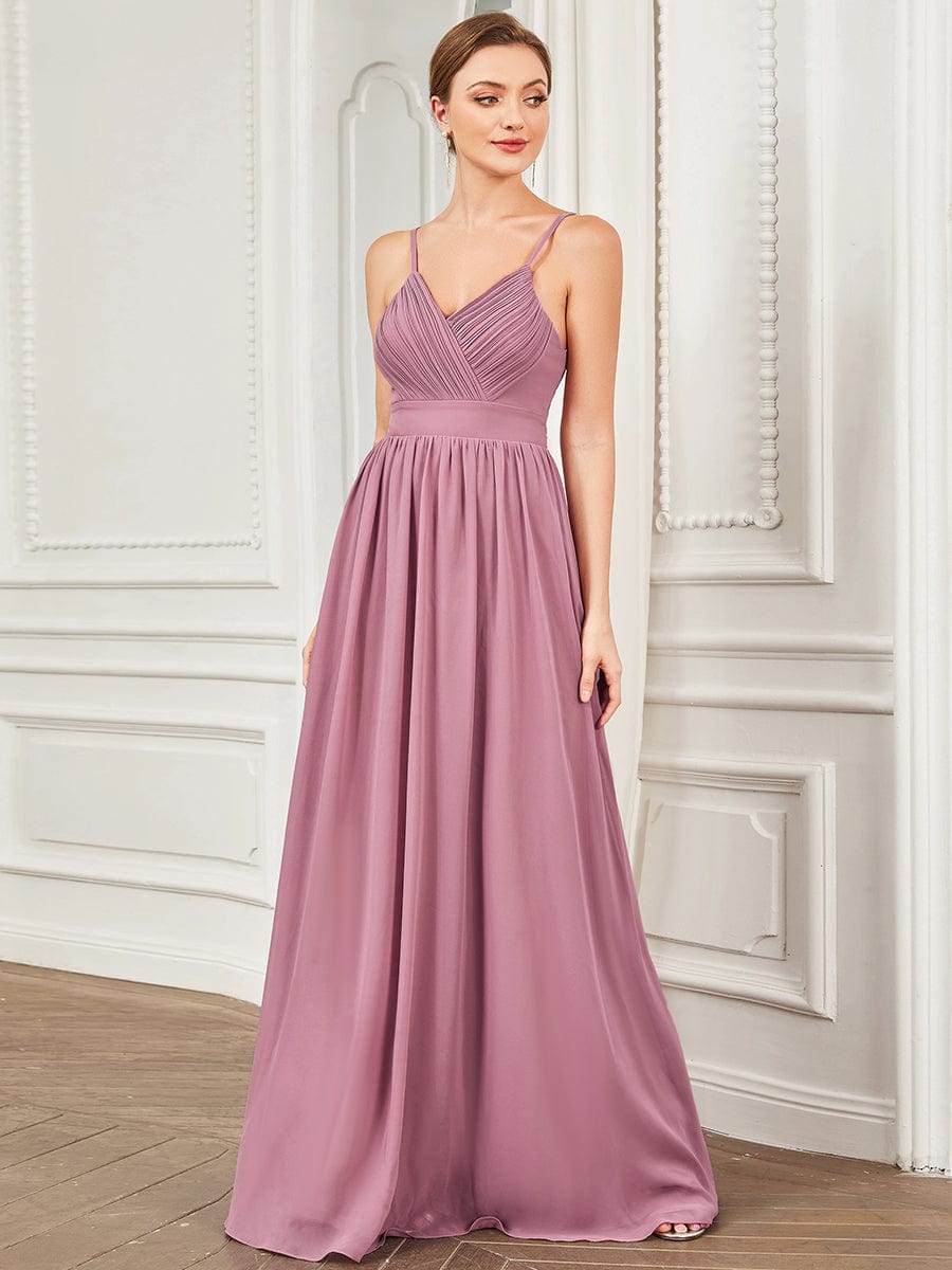 Chiffon Spaghetti Strap V-Neck Pleated A-Line Bridesmaid Dress #color_Purple Orchid Chiffon Spaghetti Strap V-Neck Pleated A-Line Bridesmaid Dress