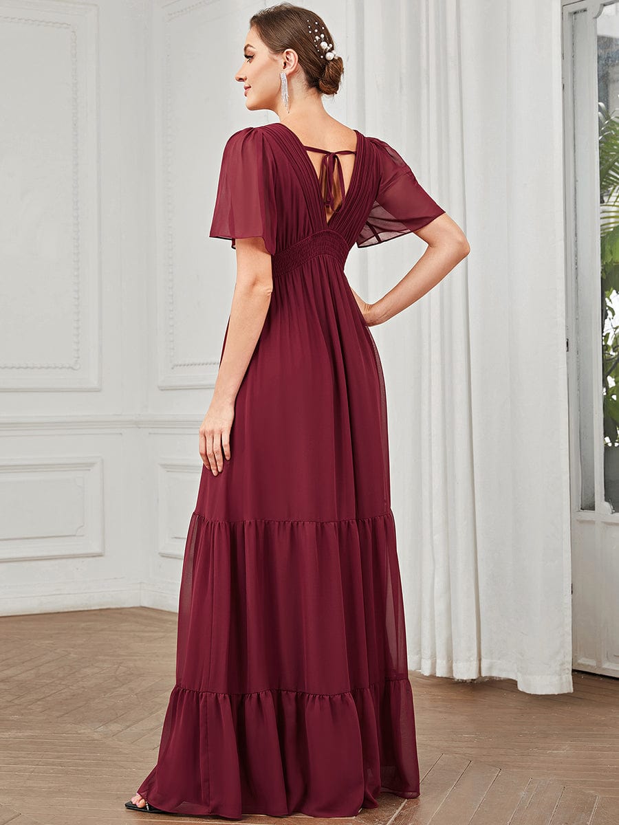 Chiffon Short Sleeve V-Neck Vintage Prairie Floor-Length Bridesmaid Dress #Color_Burgundy Chiffon Short Sleeve V-Neck Vintage Prairie Floor-Length Bridesmaid Dress