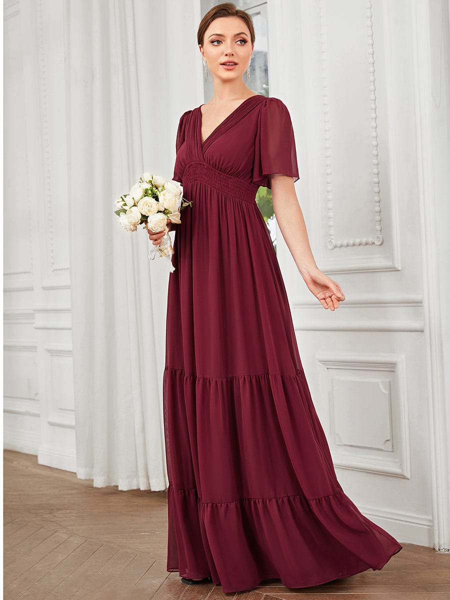 Chiffon Short Sleeve V-Neck Vintage Prairie Floor-Length Bridesmaid Dress #Color_Burgundy Chiffon Short Sleeve V-Neck Vintage Prairie Floor-Length Bridesmaid Dress