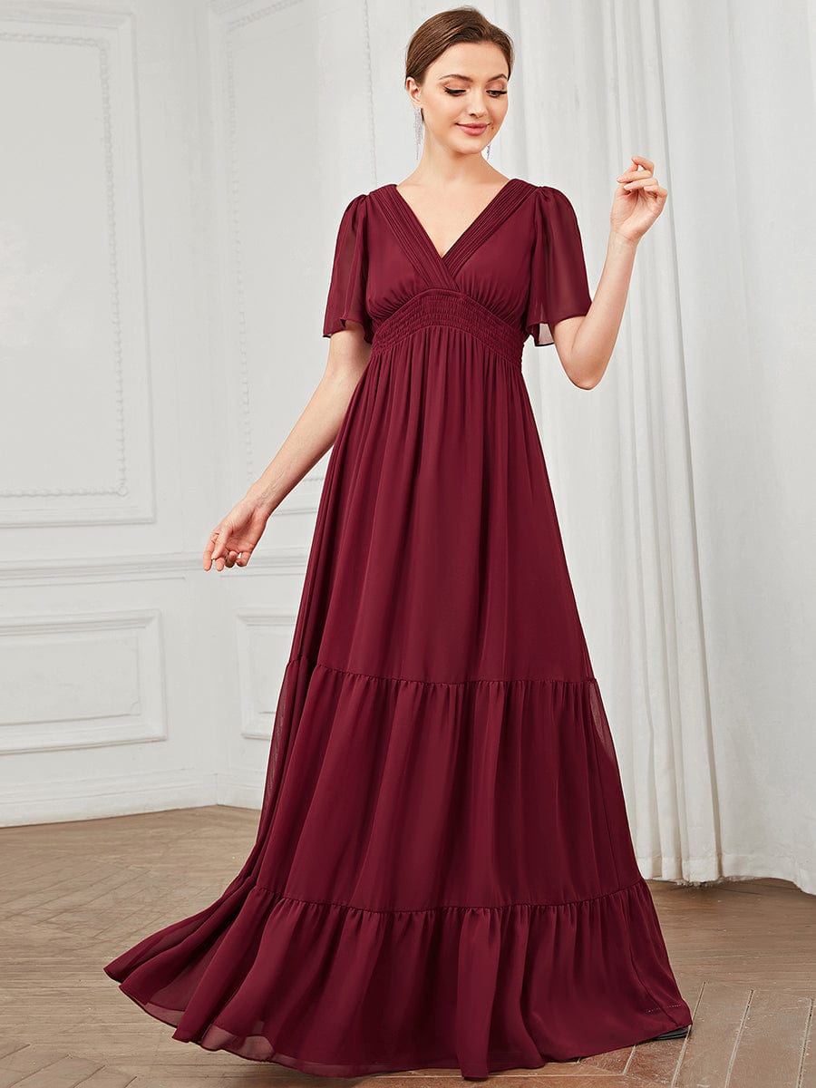 Chiffon Short Sleeve V-Neck Vintage Prairie Floor-Length Bridesmaid Dress #Color_Burgundy Chiffon Short Sleeve V-Neck Vintage Prairie Floor-Length Bridesmaid Dress