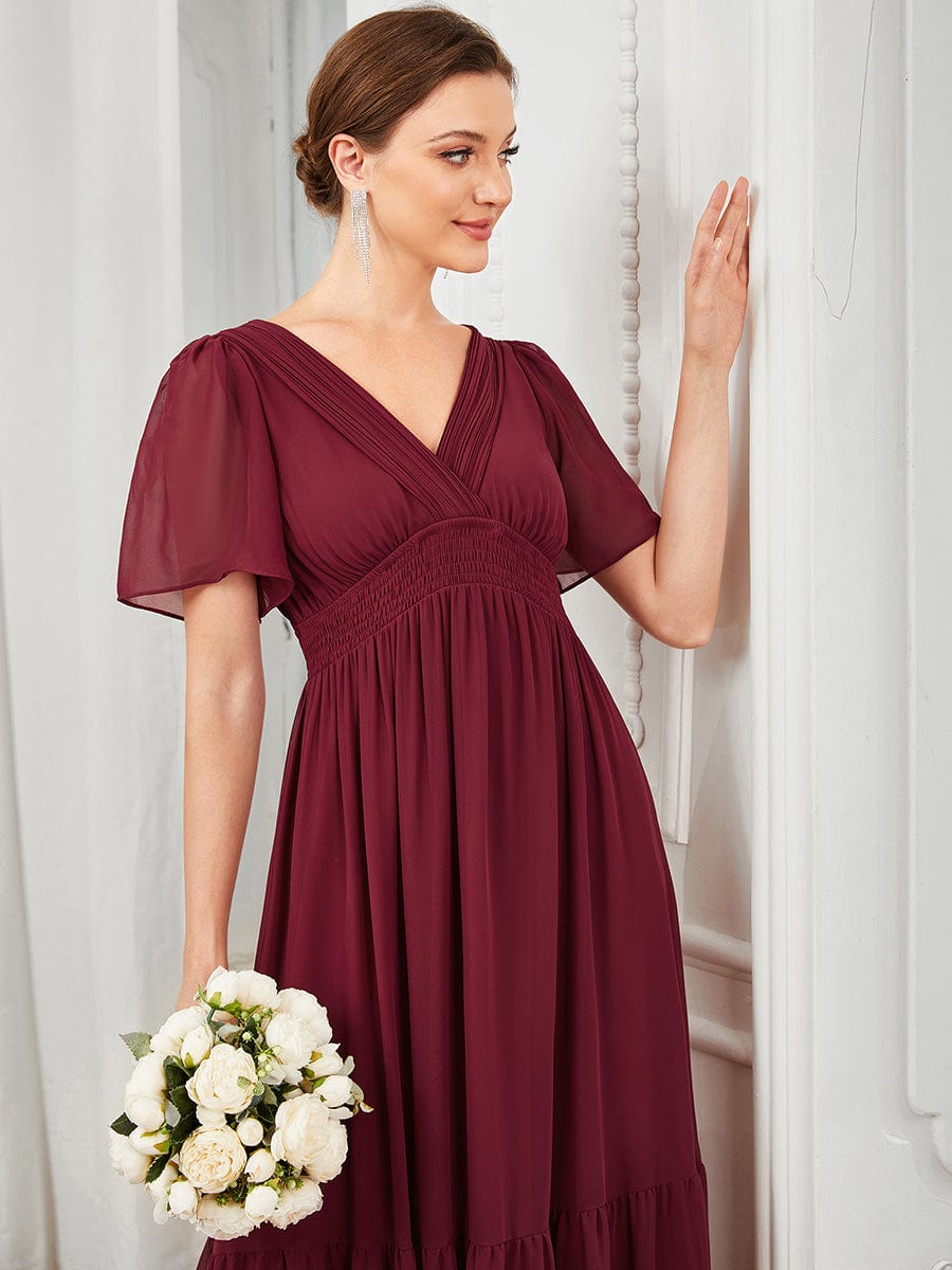 Chiffon Short Sleeve V-Neck Vintage Prairie Floor-Length Bridesmaid Dress #Color_Burgundy Chiffon Short Sleeve V-Neck Vintage Prairie Floor-Length Bridesmaid Dress