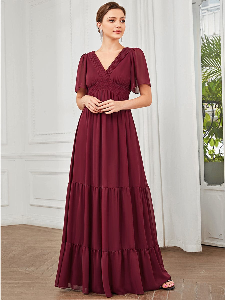 Chiffon Short Sleeve V-Neck Vintage Prairie Floor-Length Bridesmaid Dress #Color_Burgundy Chiffon Short Sleeve V-Neck Vintage Prairie Floor-Length Bridesmaid Dress