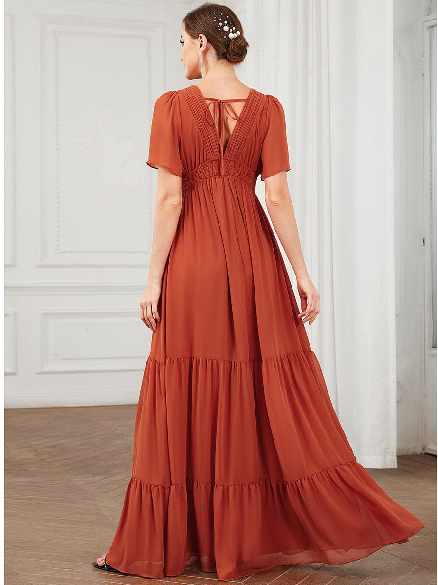 Chiffon Short Sleeve V-Neck Vintage Prairie Floor-Length Bridesmaid Dress #Color_Burgundy Chiffon Short Sleeve V-Neck Vintage Prairie Floor-Length Bridesmaid Dress
