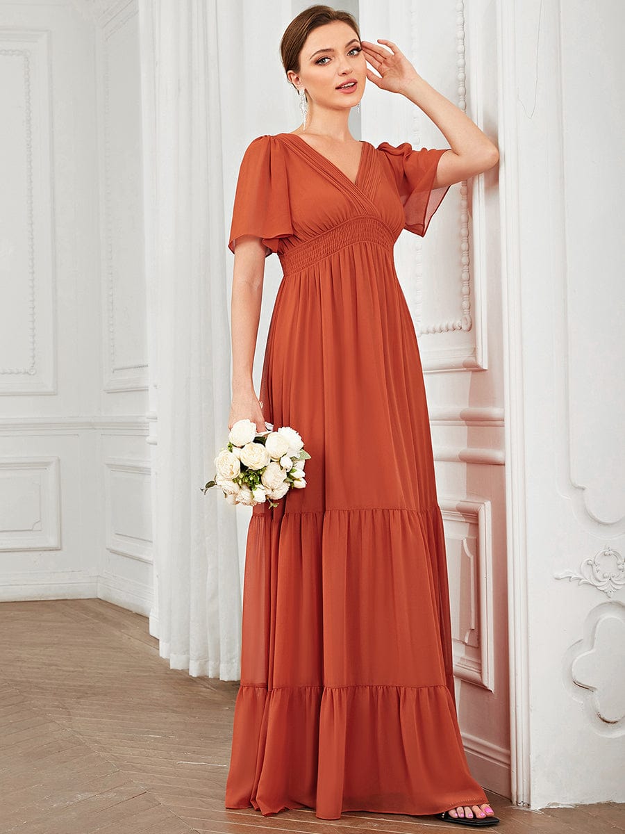 Chiffon Short Sleeve V-Neck Vintage Prairie Floor-Length Bridesmaid Dress #Color_Burgundy Chiffon Short Sleeve V-Neck Vintage Prairie Floor-Length Bridesmaid Dress