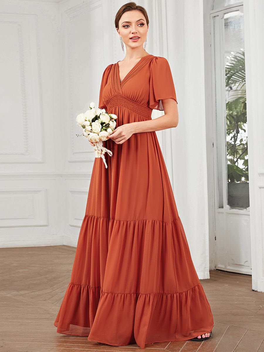 Chiffon Short Sleeve V-Neck Vintage Prairie Floor-Length Bridesmaid Dress #Color_Burgundy Chiffon Short Sleeve V-Neck Vintage Prairie Floor-Length Bridesmaid Dress
