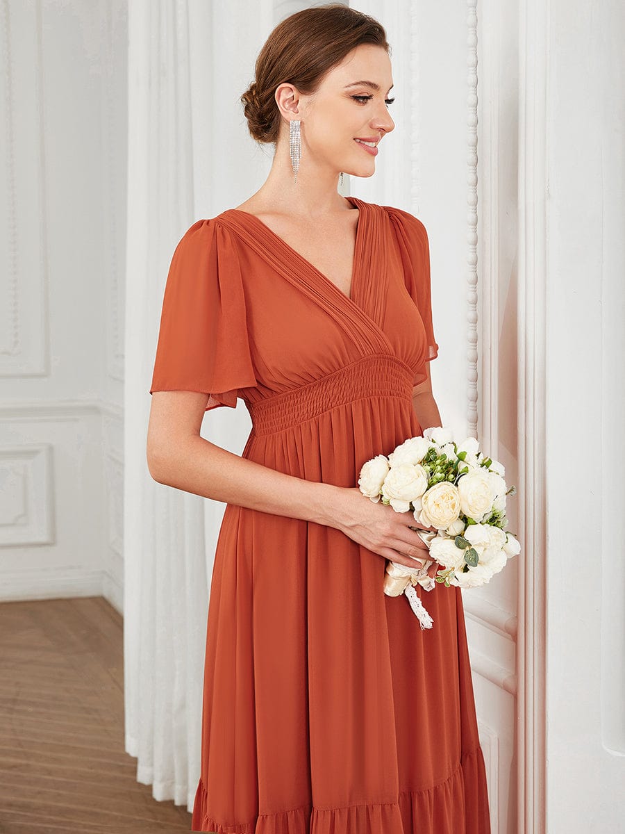Chiffon Short Sleeve V-Neck Vintage Prairie Floor-Length Bridesmaid Dress #Color_Burgundy Chiffon Short Sleeve V-Neck Vintage Prairie Floor-Length Bridesmaid Dress