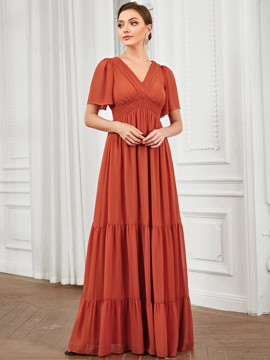 Chiffon Short Sleeve V-Neck Vintage Prairie Floor-Length Bridesmaid Dress #Color_Burgundy Chiffon Short Sleeve V-Neck Vintage Prairie Floor-Length Bridesmaid Dress