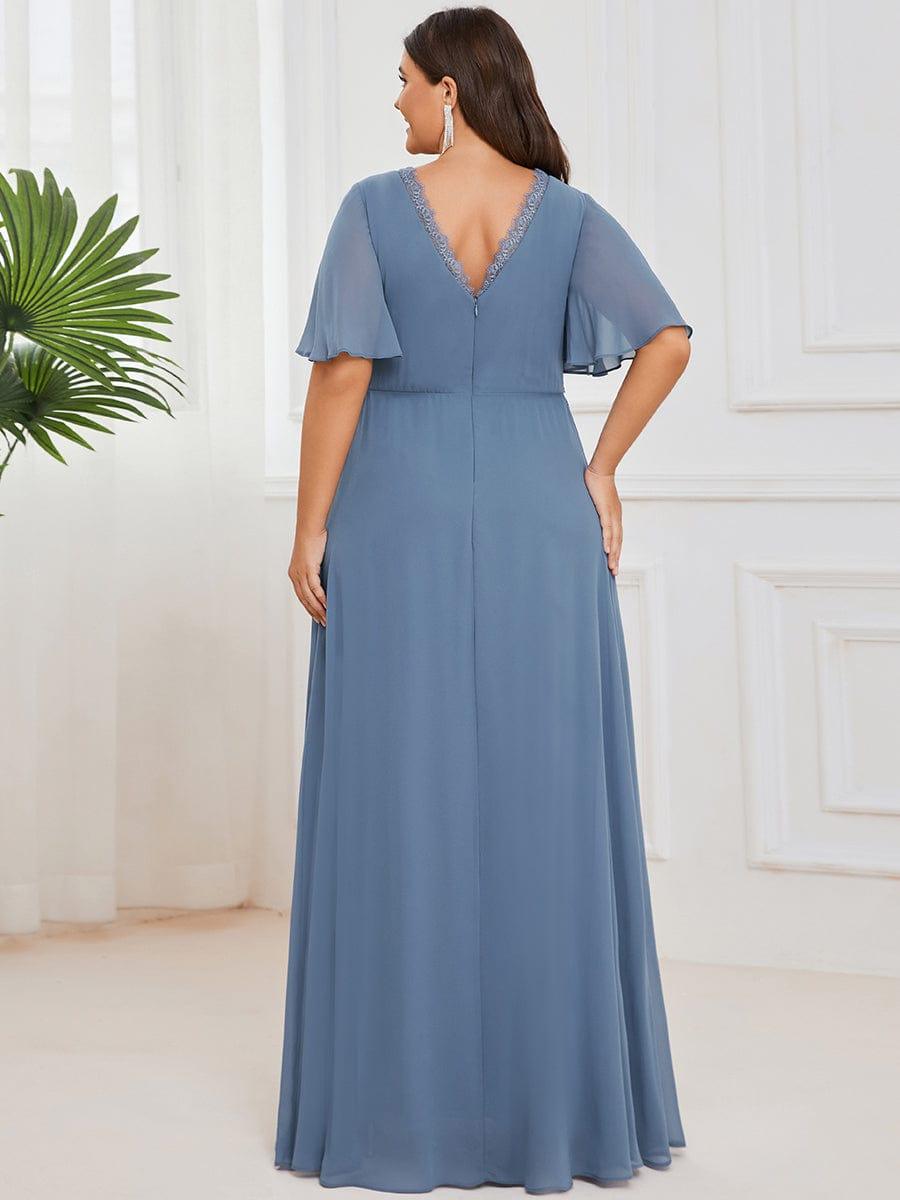 Lace A-Line Short Sleeve Chiffon Bridesmaid Dress #color_Dusty Navy Lace A-Line Short Sleeve Chiffon Bridesmaid Dress