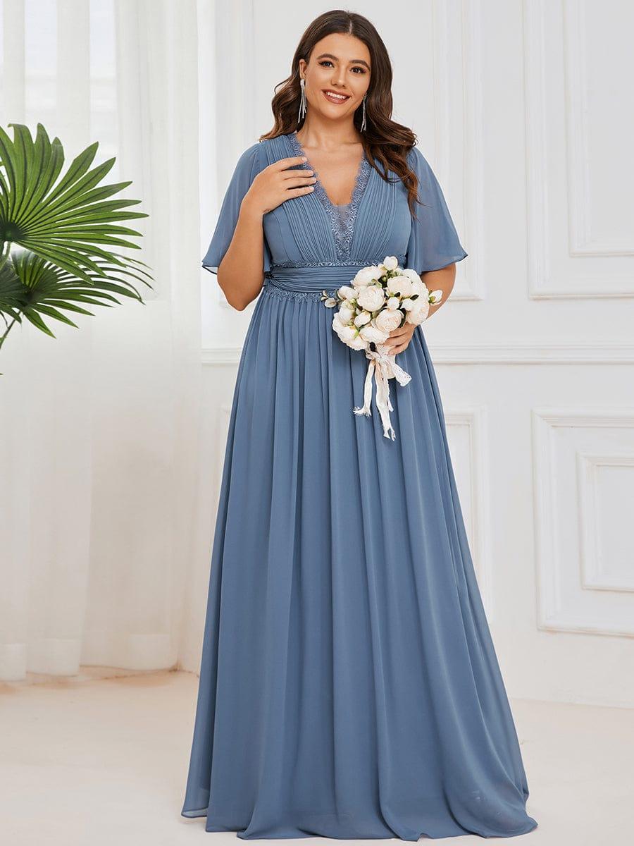Lace A-Line Short Sleeve Chiffon Bridesmaid Dress #color_Dusty Navy Lace A-Line Short Sleeve Chiffon Bridesmaid Dress