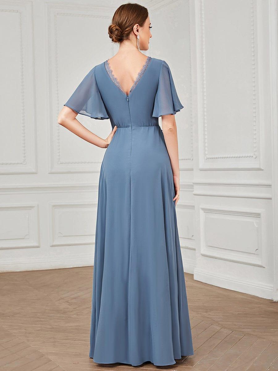 Lace A-Line Short Sleeve Chiffon Bridesmaid Dress #color_Dusty Navy Lace A-Line Short Sleeve Chiffon Bridesmaid Dress