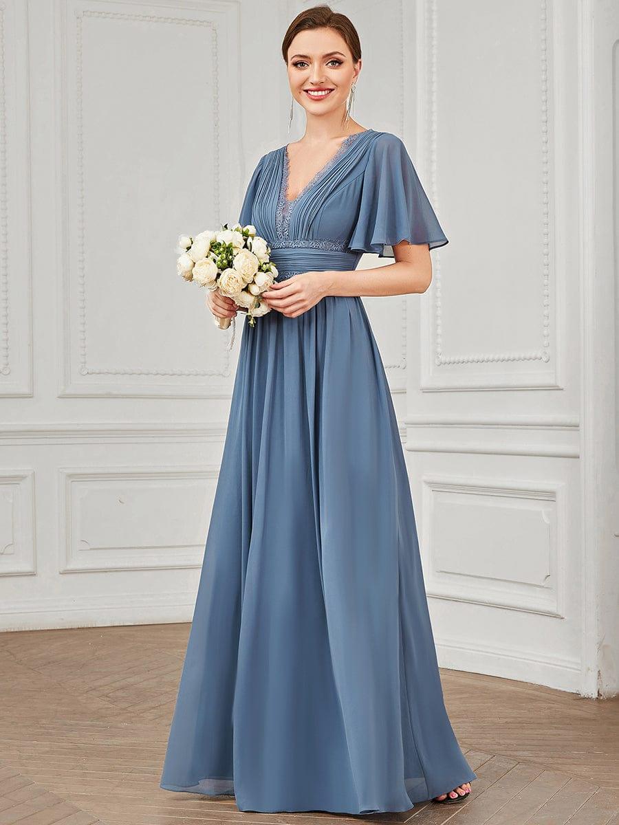 Lace A-Line Short Sleeve Chiffon Bridesmaid Dress #color_Dusty Navy Lace A-Line Short Sleeve Chiffon Bridesmaid Dress