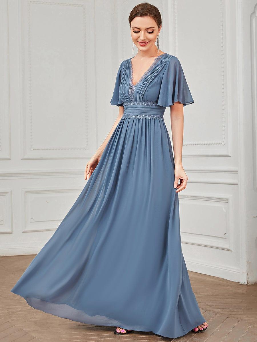 Lace A-Line Short Sleeve Chiffon Bridesmaid Dress #color_Dusty Navy Lace A-Line Short Sleeve Chiffon Bridesmaid Dress