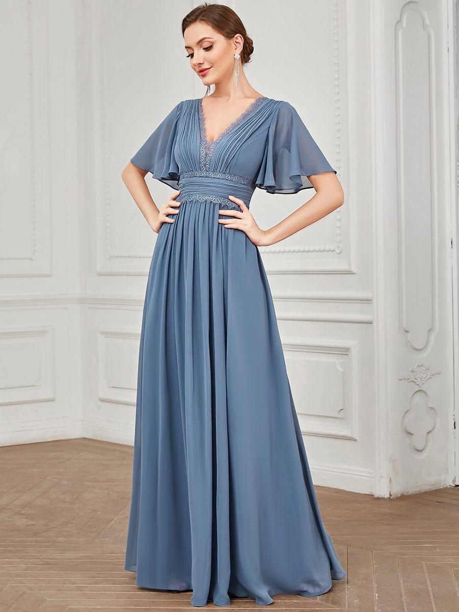 Lace A-Line Short Sleeve Chiffon Bridesmaid Dress #color_Dusty Navy Lace A-Line Short Sleeve Chiffon Bridesmaid Dress