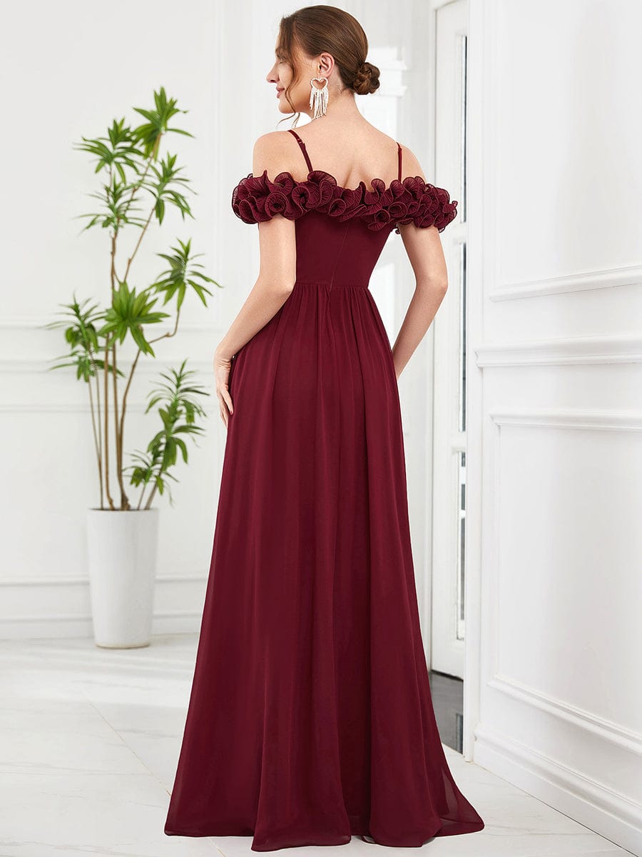 Ruffled Spaghetti Strap Sequin Waist Cold Shoulder Chiffon Bridesmaid Dress #Color_Burgundy Ruffled Spaghetti Strap Sequin Waist Cold Shoulder Chiffon Bridesmaid Dress