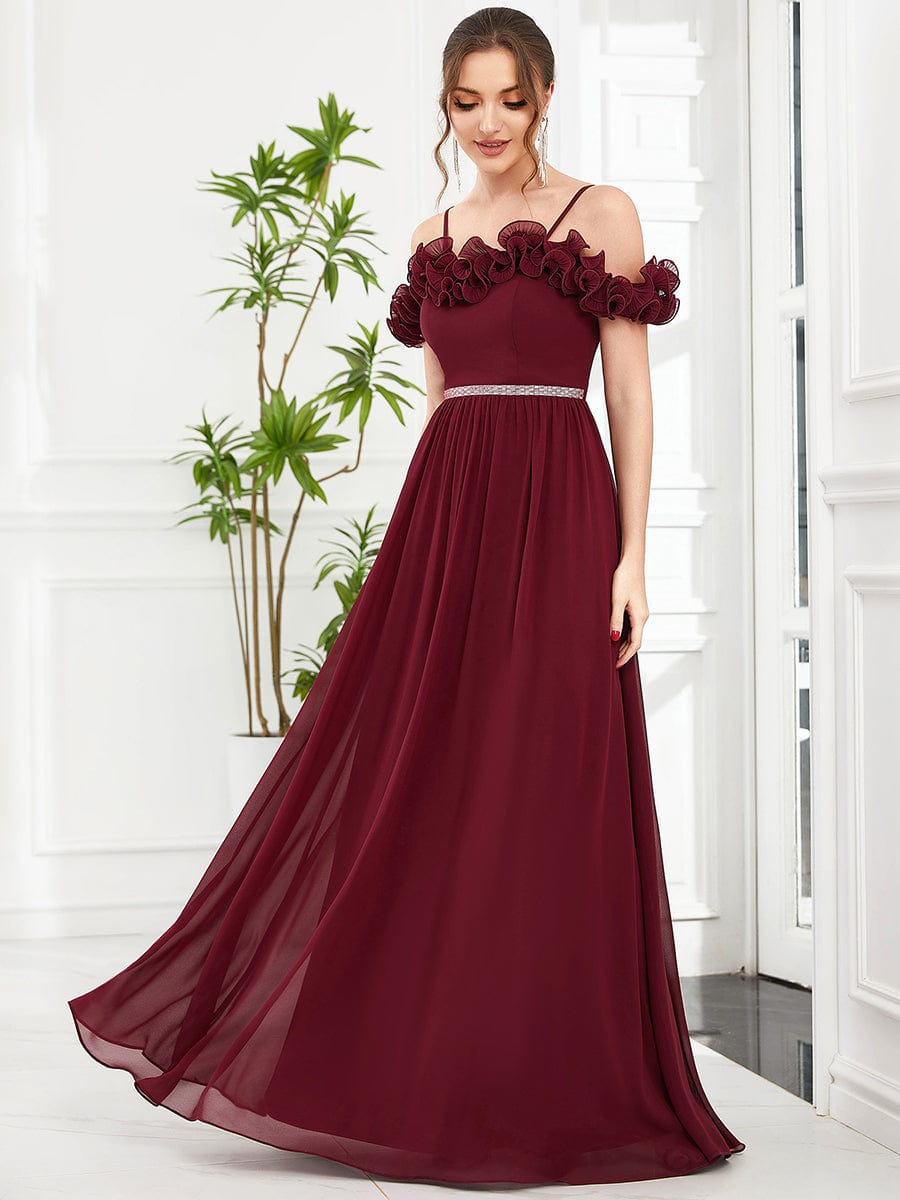 Ruffled Spaghetti Strap Sequin Waist Cold Shoulder Chiffon Bridesmaid Dress #Color_Burgundy Ruffled Spaghetti Strap Sequin Waist Cold Shoulder Chiffon Bridesmaid Dress