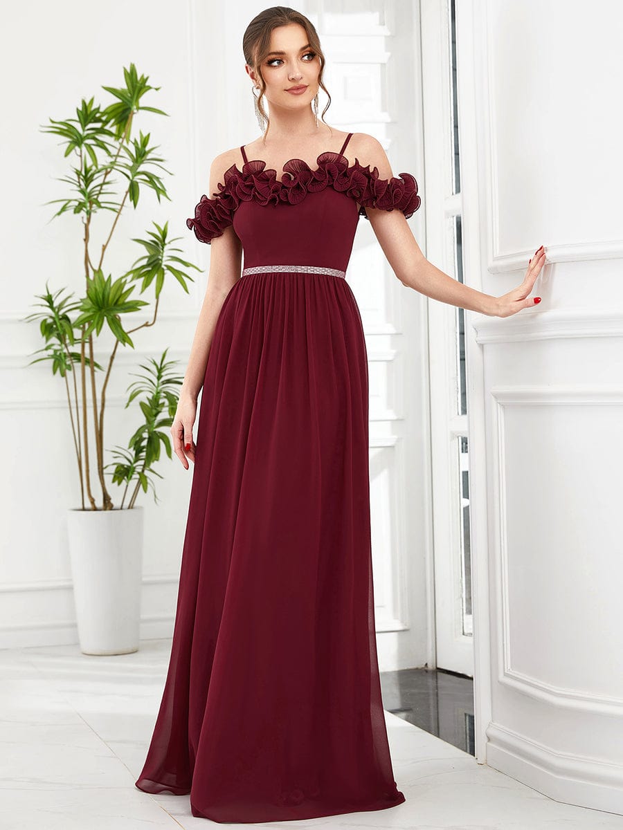 Ruffled Spaghetti Strap Sequin Waist Cold Shoulder Chiffon Bridesmaid Dress #Color_Burgundy Ruffled Spaghetti Strap Sequin Waist Cold Shoulder Chiffon Bridesmaid Dress