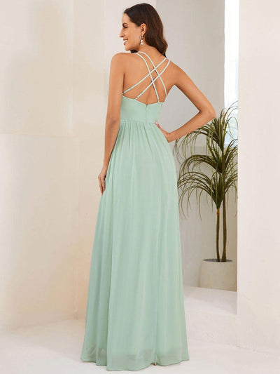 Chiffon Spaghetti Strap Ruffled Front Slit A-Line Bridesmaid Dress #Color_Mint Green
